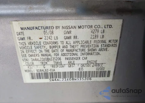 2008 Nissan Altima 2.5 S from USA, damaged, VIN 1N4AL21E08N535206